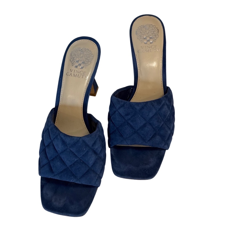 Vince Camuto Reselm Navy Blue Quilted Suede Square Toe Flared Heel Mules 8.5 M